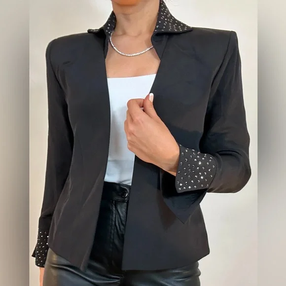 Vintage David Josef Black Jewel Embellished Collar & Sleeves Jacket Blazer - Picture 4 of 7